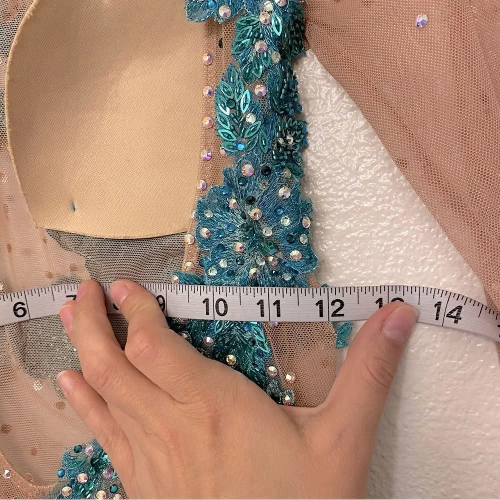 Custom Solo Dance Costume Teal Blue Lyrical Competition nude illusion SA adult